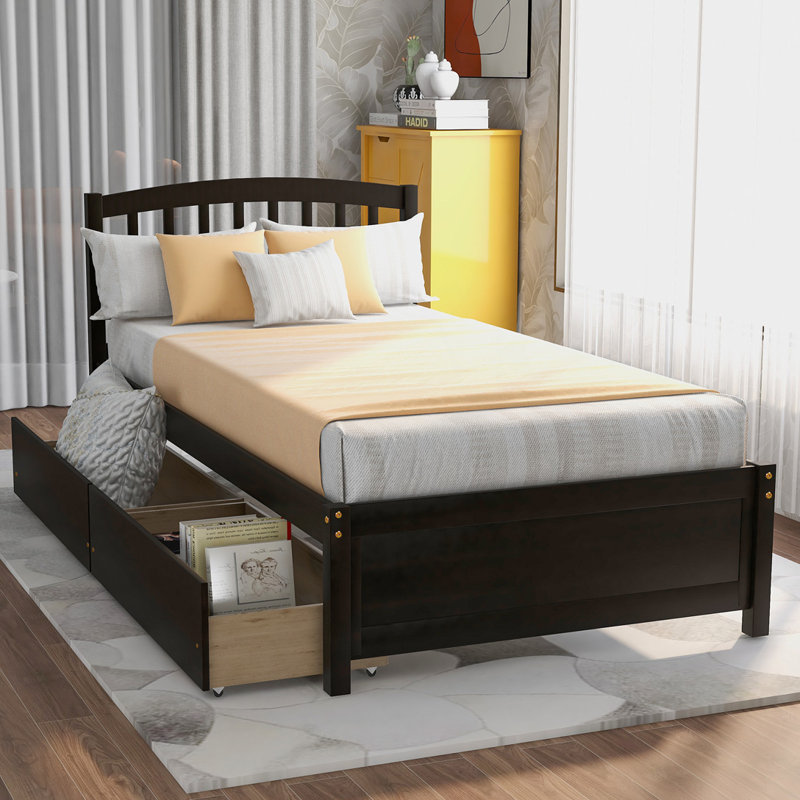 Structure de lit avec rangement et lit en bois avec deux tiroirs et tête de lit, Espresso