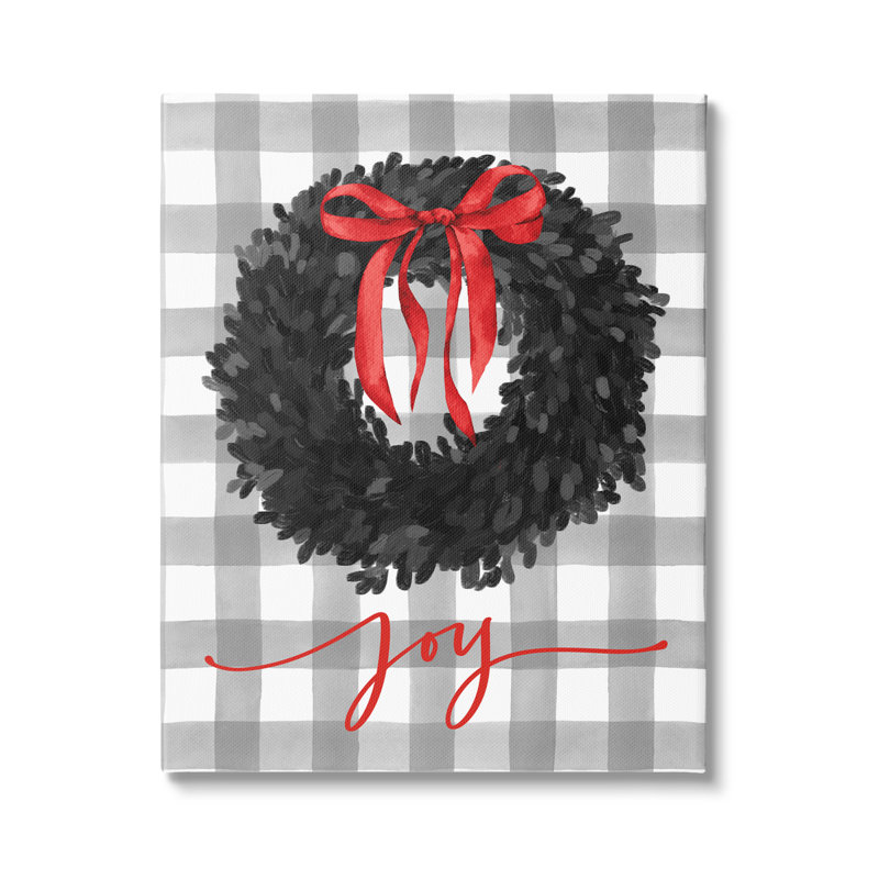 Joy, calligraphie des fêtes, couronne à carreaux, nœud rouge, estampe numérique encadrée, art texturé par lettres et lignes