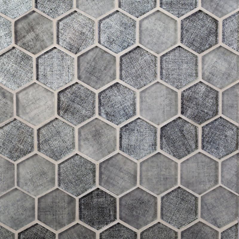 1.9" x 1.9" Glass Hexagon Mosaic Tile, Gray Fabric