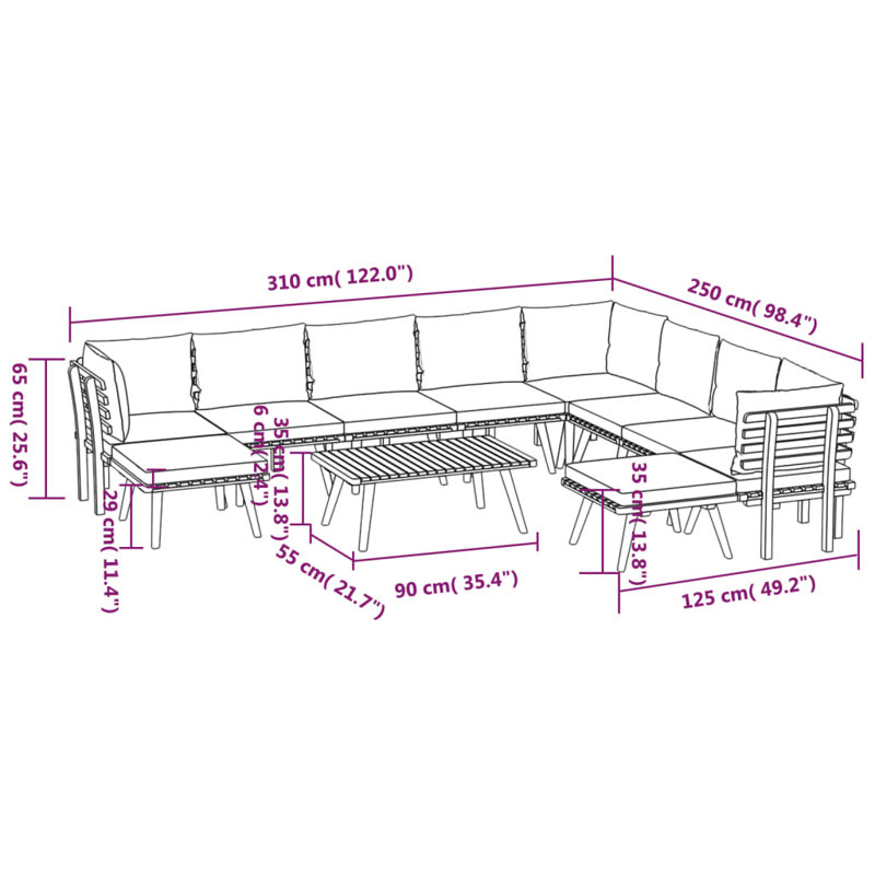 Chaise longue avec coussins 4 pièces Damita, 11 pièces: 3 en coin, 5 au milieu, 2 repose-pieds