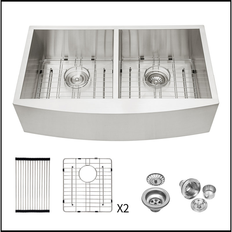 Évier de cuisine à tablier frontal en acier inoxydable de calibre 18 avec deux cuves de 9 po Farmhouse Sink - 33 po x 20 po x 9 po