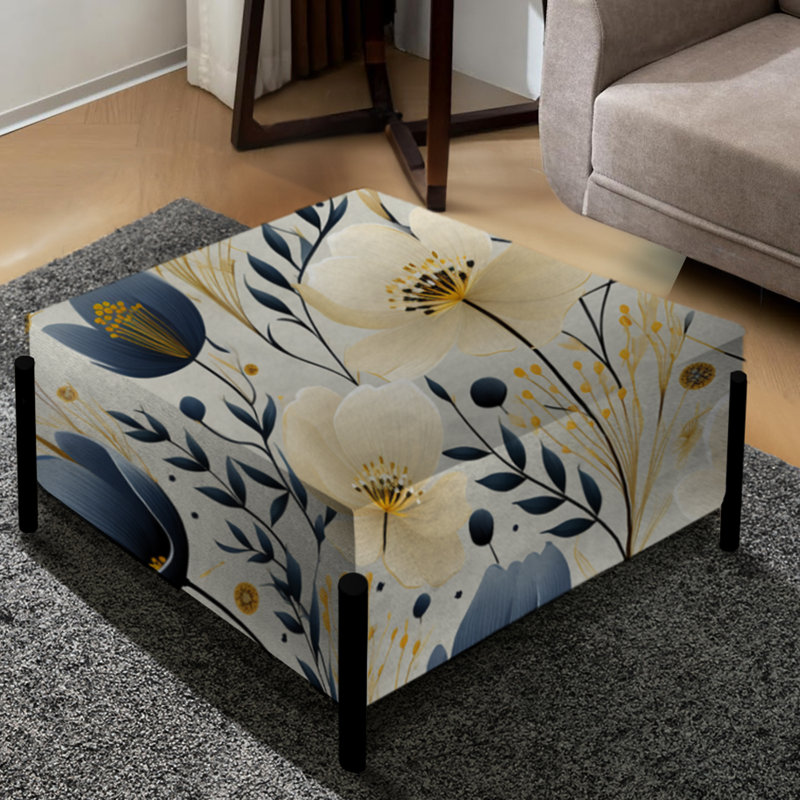 Motif floral ivoire et bleu côtier serein - Grand repose-pieds carré floral