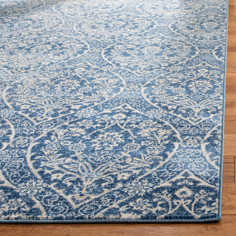 Cannes Damask Navy/Light Gray Area Rug, Rectangle 5'3" x 7'6"