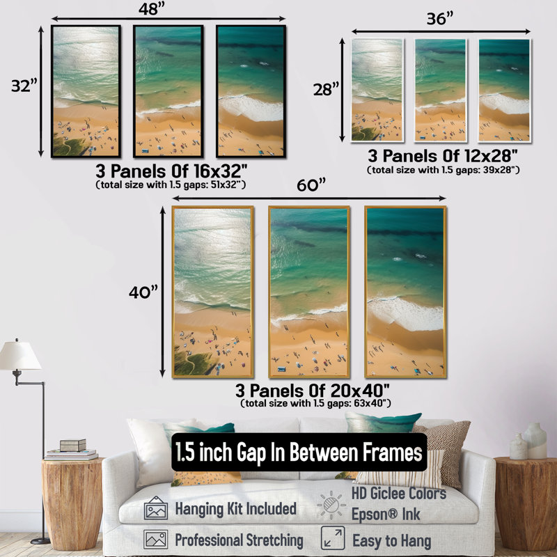 Vue aérienne de la plage côtière verte 4 - Art mural plage et océan, Cadre flottant brun, H 32 po x l 48 po x P 1 po