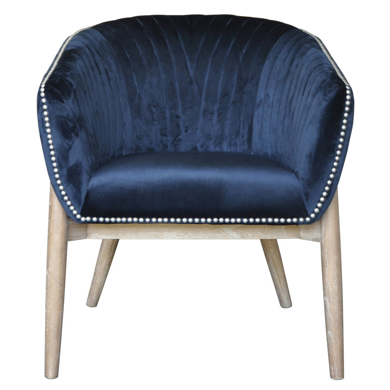 Fauteuil en velours bleu, Natural Wood, Blue
