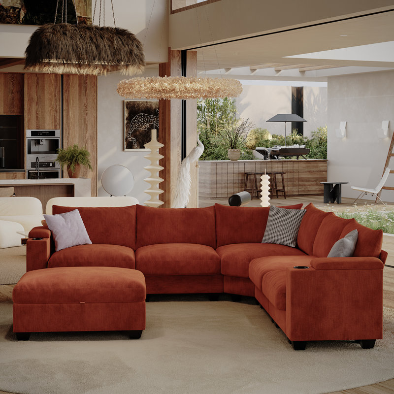 107 '' L-Shaped Modular Sectional Sofa, Living Room Comfy Corner Cloud Couch, With Ottoman Storage, Orange