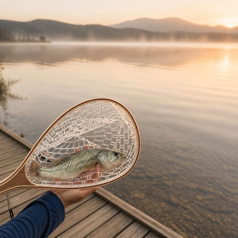 Fly Fishing Landing Net, Soft White Rubber Mesh Trout Net with Wooden Handle Frame, Catch and Release Fish Net for Rivers, Lakes, and Streams