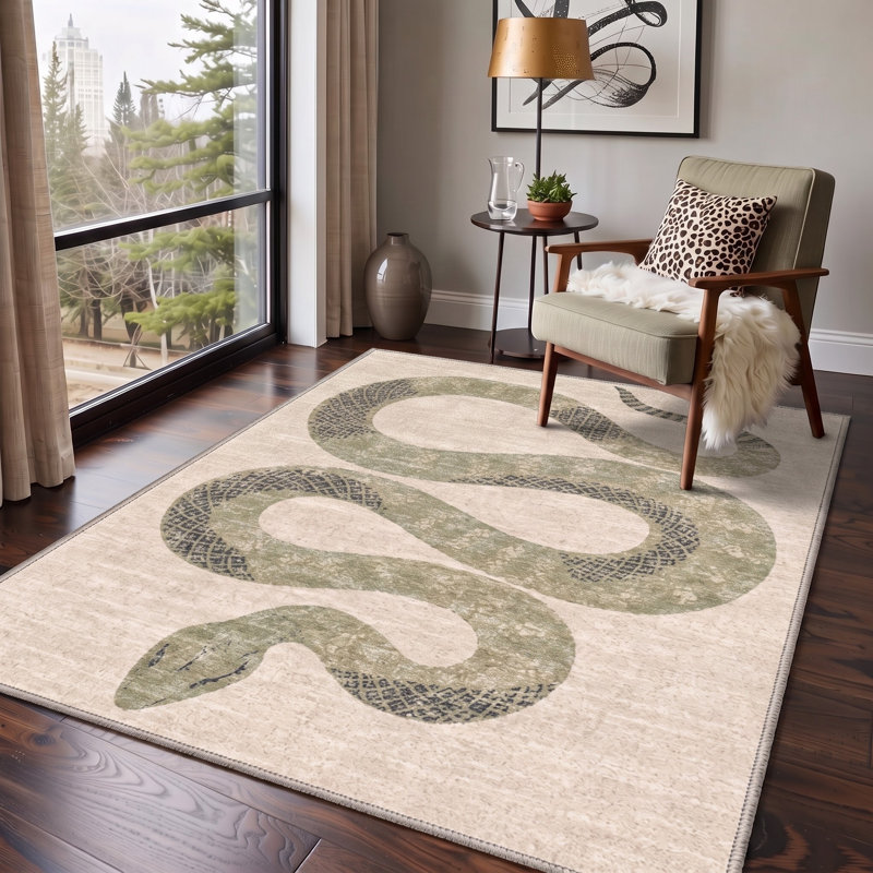 Tapis vert/beige à motif animal, lavable à la machine et avec envers antidérapant, Rectangulaire 8 pi x 10 pi
