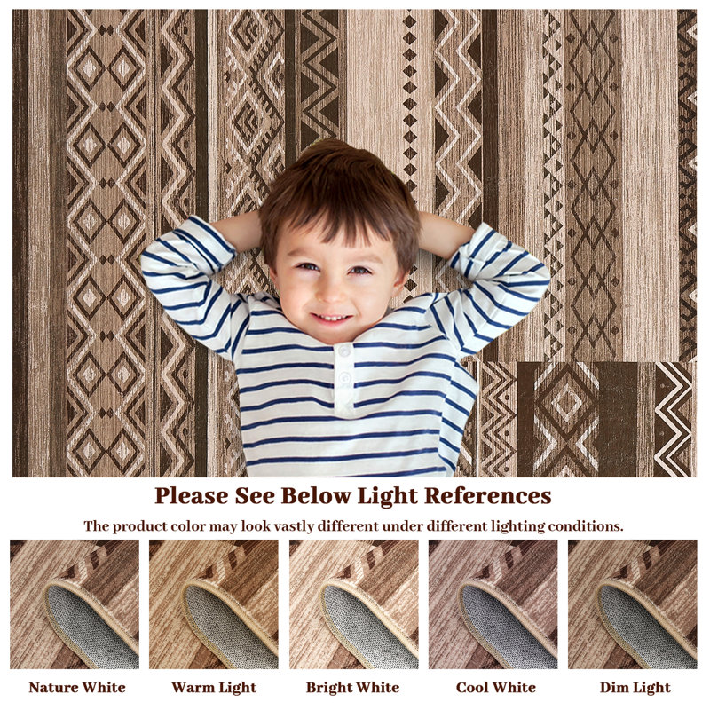 6x9 Area Rug Washable Distressed Vintage Carpet for Living Room  Brown Tribal Geometric Floor Cover for Bedroom Dining Room Non Slip Low Pile Neutral Patchwork Rug