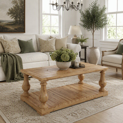 Farmhouse Coffee Table with Storage Shelf, Solid Wood Turned Legs, 2-Tier Rustic Wood Center Table for Living Room, Natural