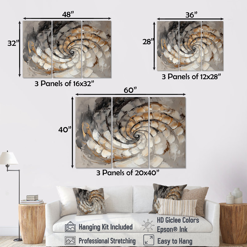 «Copper Luminous Abstract Spiral II - Abstract Modern Waves», ensemble de reproduction d'art mural, Toile tendue