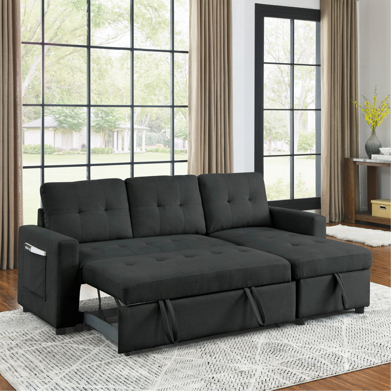 Canapé-lit modulaire réversible de 78,5 po avec méridienne et sac de rangement latéral pour petit espace, Tissu noir