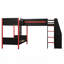 Lit superposé simple en L avec lit de mezzanine pour 3 personnes, bureau intégré, tablettes et DEL, cadre en bois de pin et en panneau de fibres à densité moyenne, noir et rouge