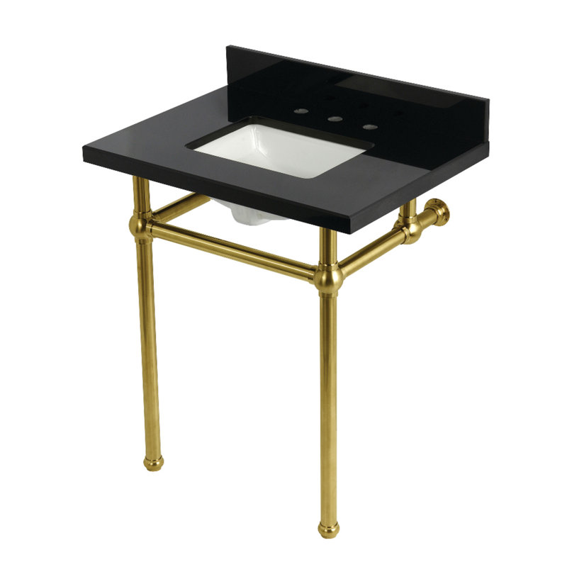 Kingston Brass Templeton 30-Inch Black Granite Console Sink with Brass Legs (8-Inch, 3-Hole), Black Granite/Brushed Brass