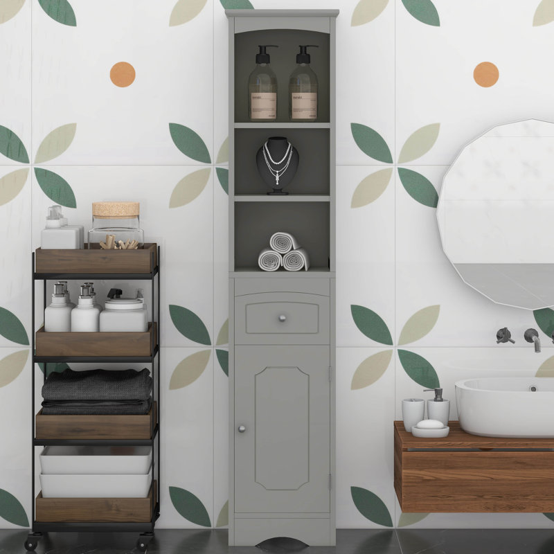 Armoire de salle de bain haute, armoire de rangement autoportante avec tiroir, tablettes réglables, compartiment ouvert, pour petits espaces