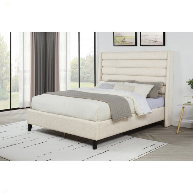Lit plateforme tapissier grand lit, structure de lit moderne avec tête de lit capitonnée à canaux roulés, beige