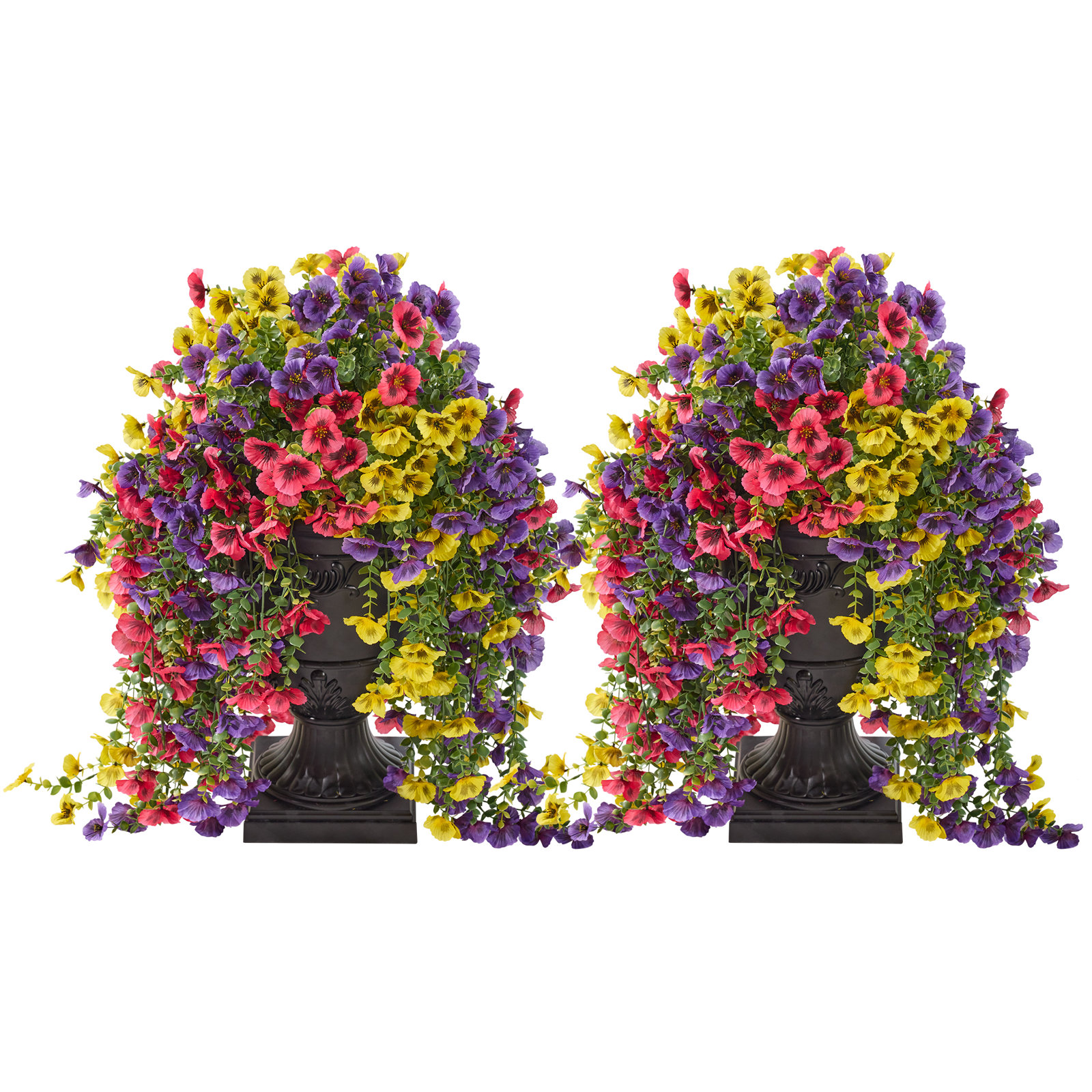 Artificial Pansy Flowers With Black Urn Planter - 26In Faux Potted Flowers With 660 Blooms, Fake Hanging Flowers For Covered Porch Patio Entryway Balcony Decor
