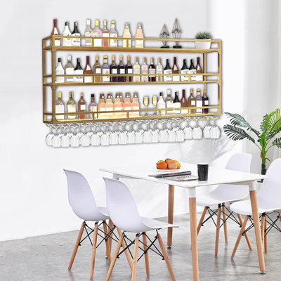 Wall Mounted Wine Rack, Floating Industrial Liquor Glass Holder 3 Tiers, Large Metal Wine Bottle Display Rack Hanging Shelf, For Home Bar Dining Room by Everly Quinn