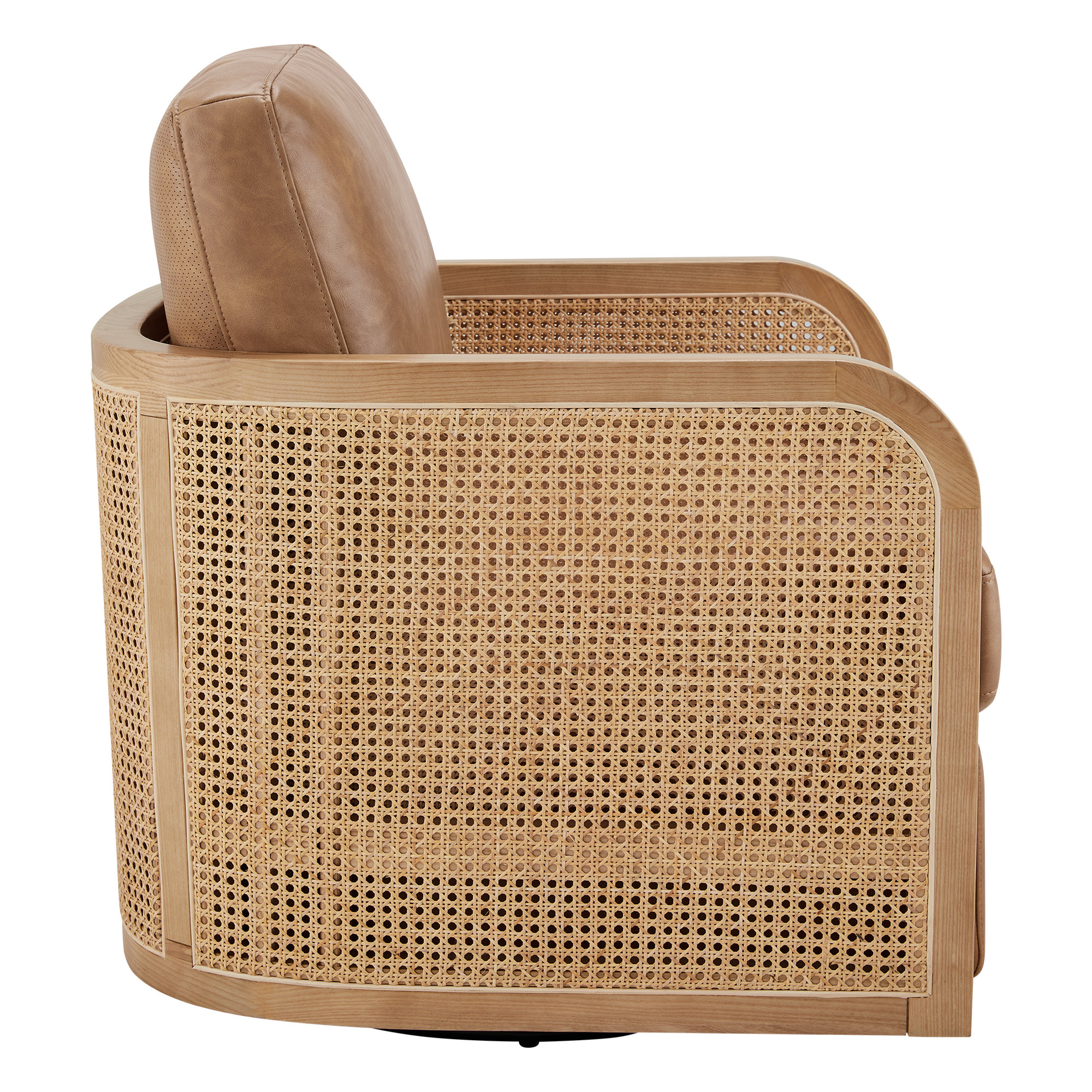 Juliette Leather Natural Cane Swivel Barrel Chair, Copley Camel Vegan Leather