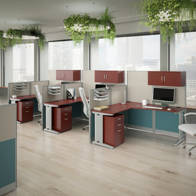 Office In An Hour L-Shaped 3 Person Cubicle with Cable Management