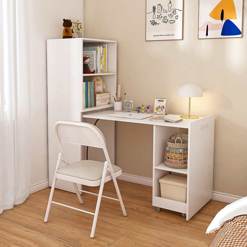 Bureau pliable extensible avec tablettes de rangement et roues mobiles, table d'écriture