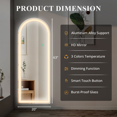 Miroir pleine grandeur avec lumières, miroir de plancher à DEL, miroir debout pour tout le corps, miroir suspendu