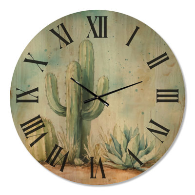 Jardin de cactus du désert - Horloge murale ronde en bois du Sud-Ouest