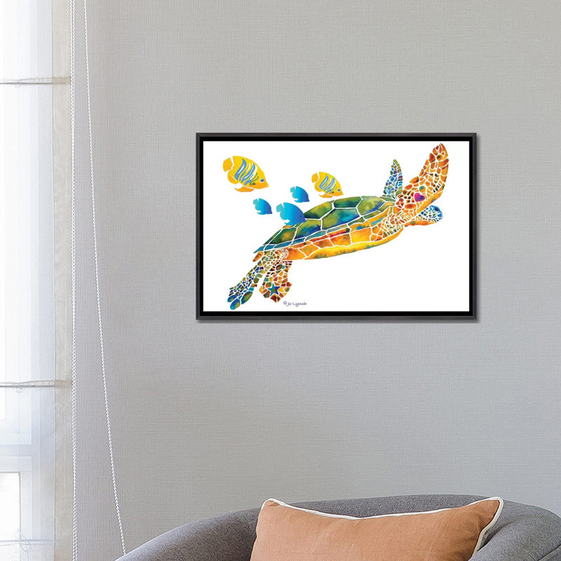 Tortue de mer avec poisson par Jo Lynch - reproduction d'art, Toile encadrée noir délavé, H 18 po x l 26 po x P 1,5 po