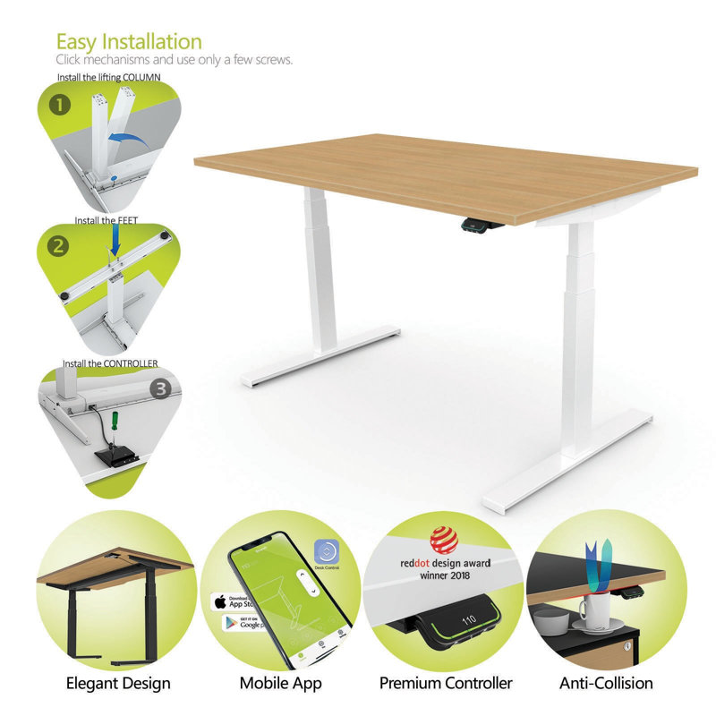 Linak DF2 Standing Desk Adjustable Metal Base Standing Desk, White, Oak