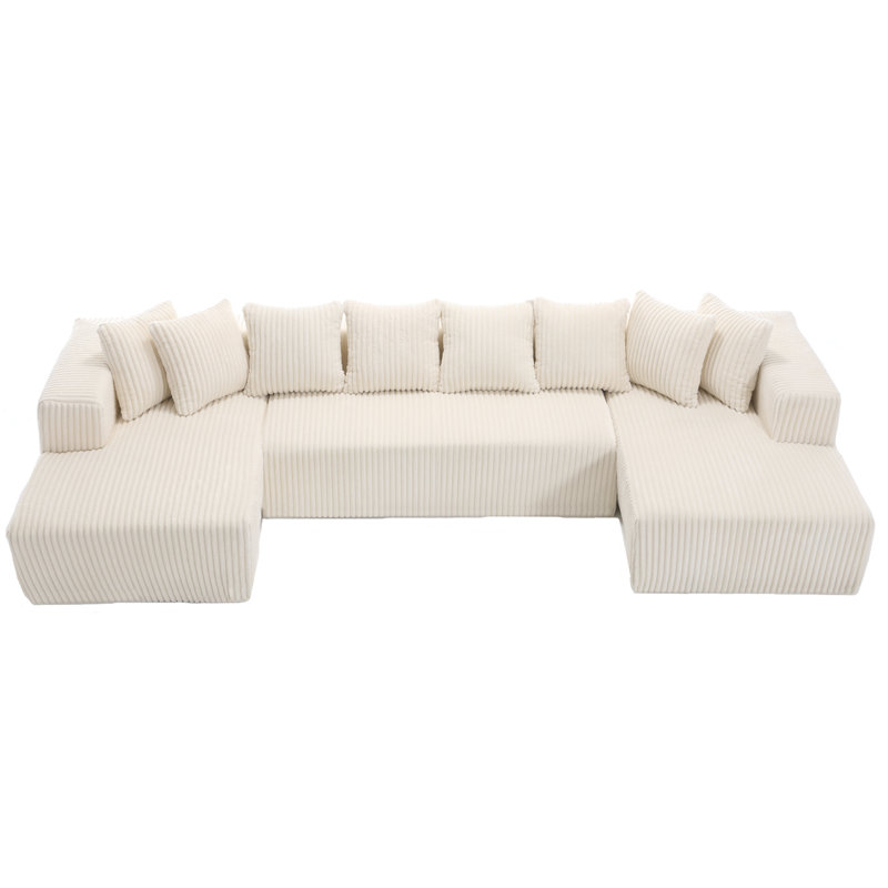 Boneless Modern Modular Oversized U-Shaped Sectional Sofa With 8 Pillows, White Corduroy