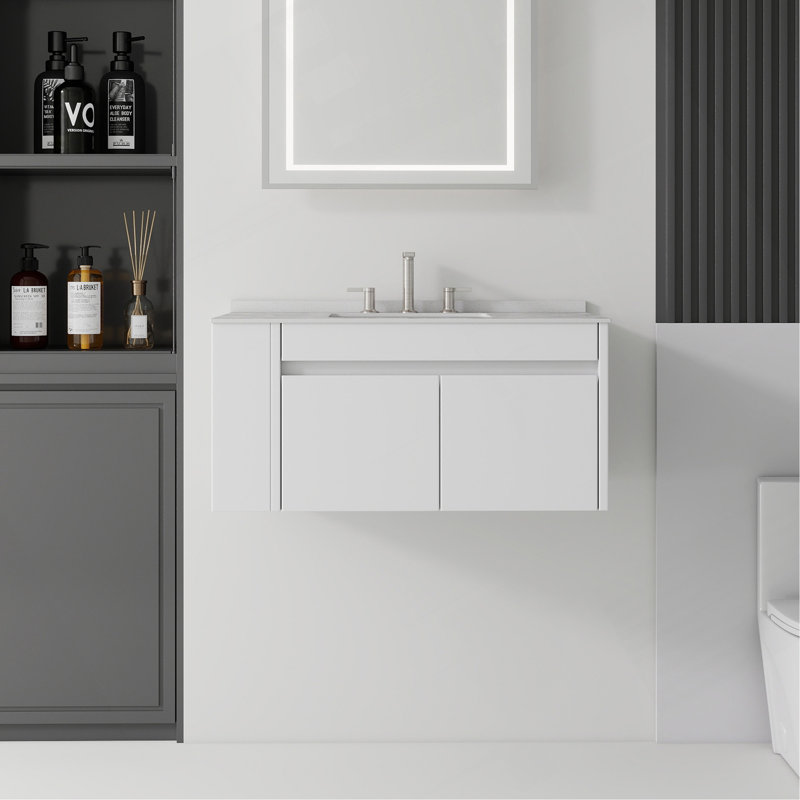 Meuble-lavabo flottant 36 po avec lavabo, porte à fermeture douce, comptoir en granite blanc 0,6 po et dosseret, contreplaqué