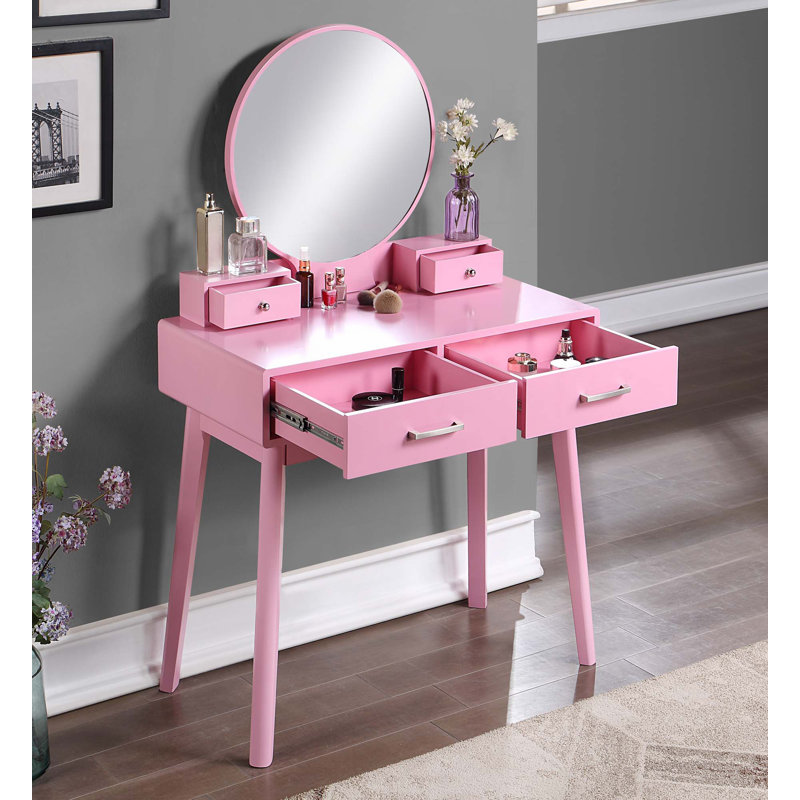 Contemporary Wood Vanity And Stool Set,With Two Drawers, Pink