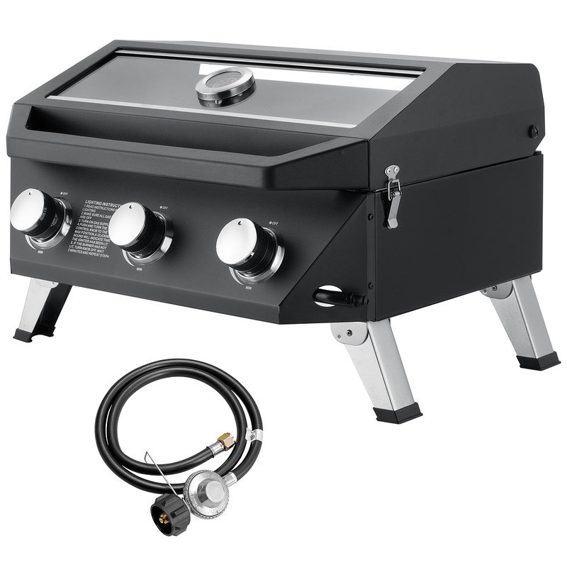 3-BurnerTabletop Propane Gas Grill Griddle Combo with View Window