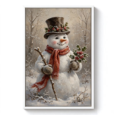 Bonhomme de neige de Noël tenant du houx, tableau sur toile encadré, cadre blanc, 50 x 75 cm
