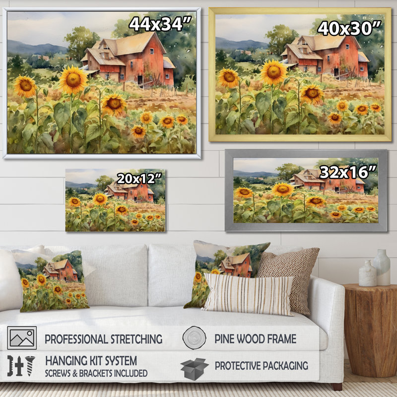 Tournesol doré à la ferme III - art mural floral, H 24 po x l 32 po x P 1 po, Cadre flottant brun