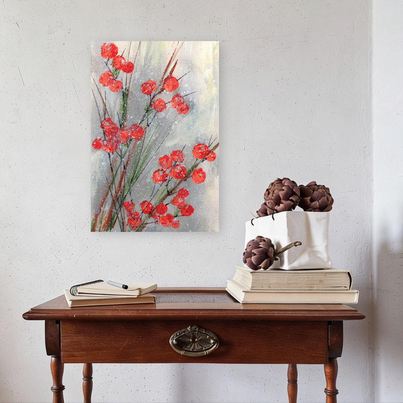Snowy Red Berries Abstract Contemporary Nature Winter Wall Art Print by Lori Ann Folz - Wrapped Canvas Print
