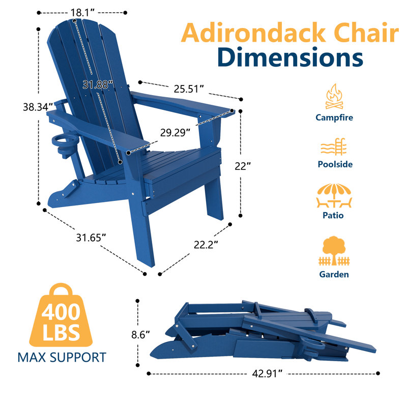 HDPE Folding Adirondack Chair with Cup Holder,Navy Blue, Navy Blue