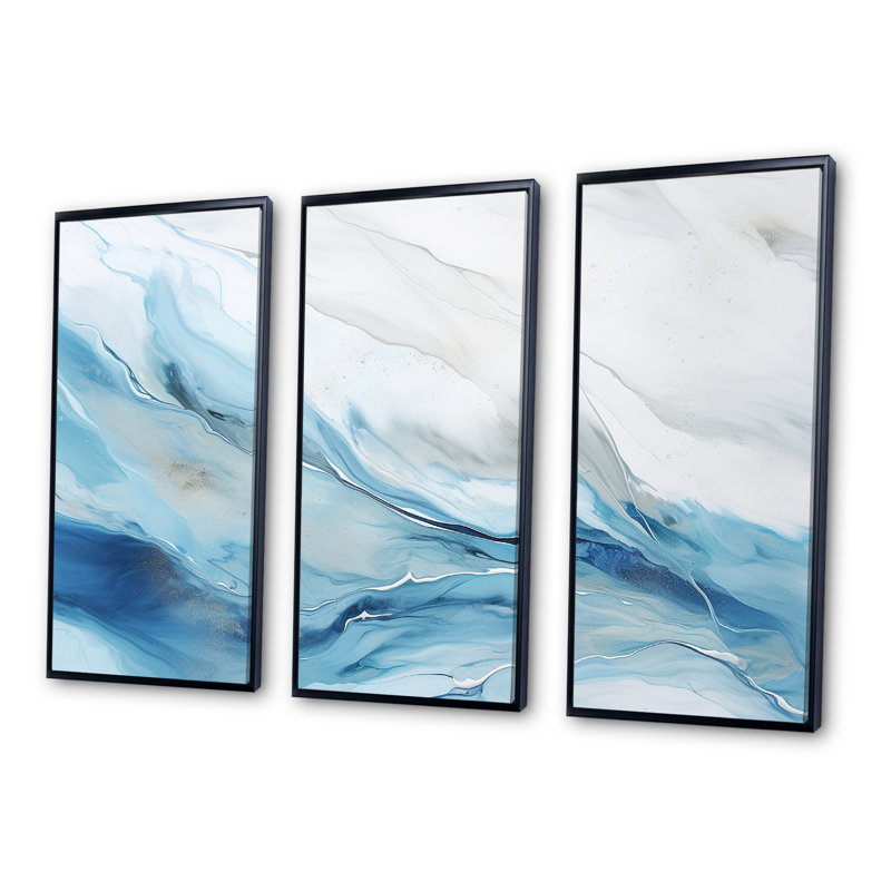 «White and Blue Glacier Charm», ensemble d'art sur toile formes abstraites, H 28 po x l 36 po x P 1 po, Cadre flottant noir