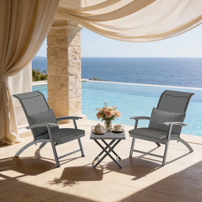 3-Piece Outdoor Patio Furniture Set, Folding Conversation Set with Coffee Table, Adirondack Chairs for Garden, Balcony, Backyard, Poolside, All-Weather Wicker Patio Chairs (Grey Cushion)