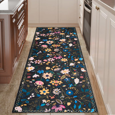 Nature Voja Floral Non-Slip Machine Washable Colourful Modern Area Rug in Black for Living Room, Bedroom, Hallway Runner, Entryway Rugs