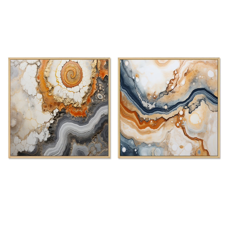 Beige et jaune pierre Geode Simplicity - Ensemble de 2 collages carrés en géode de pierre, Cadre flottant brun