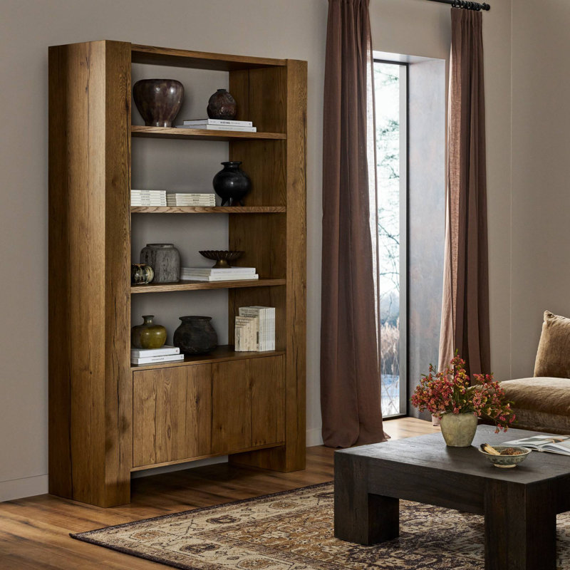 Fisher Bookcase-Smoked Black Veneer, Rustic Amber Oak Veneer