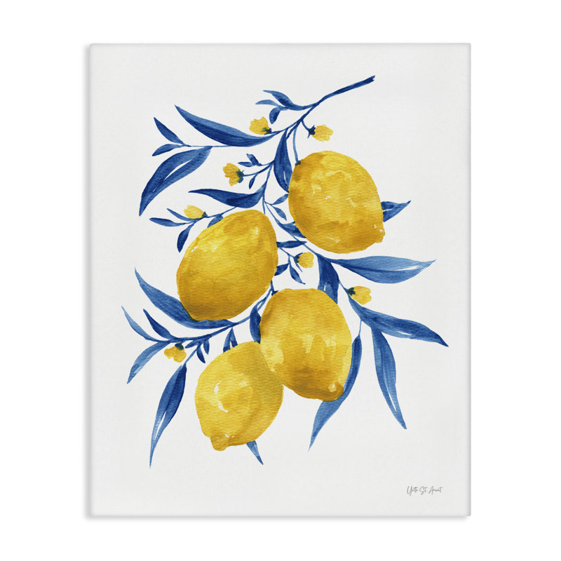 Art mural sur toile, "Blue Leaf Lemons" par Yvette St. Amant, H 40 po x l 30 po