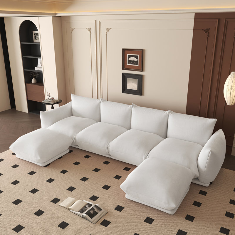 Canapé modulaire rembourré en tissu 4 places avec 2 repose-pieds Cath, Chenille beige