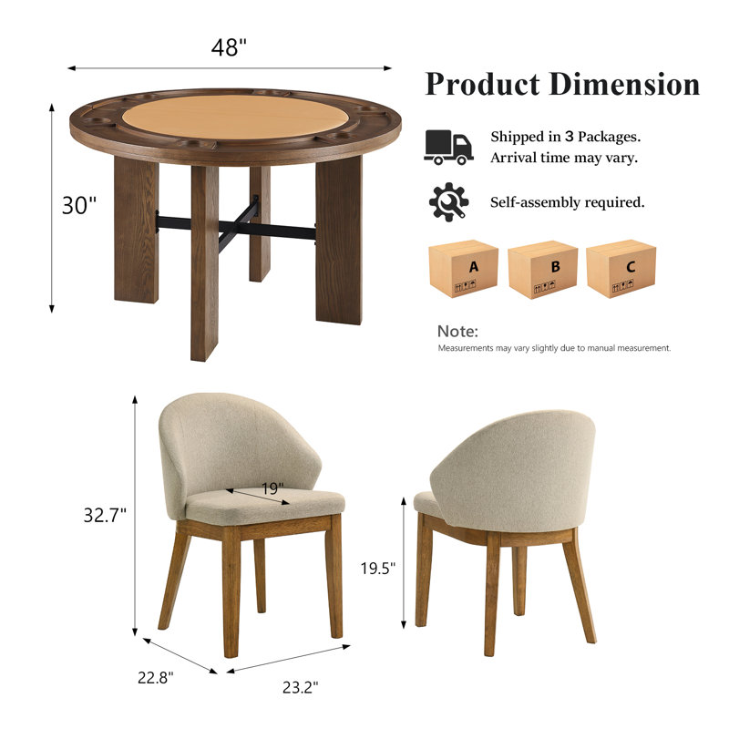 Ensemble de table de salle à manger contemporaine 5 pièces, table de jeu convertible ronde 48 po avec plateau en vinyle et 4 chaises rembourrées en tissu