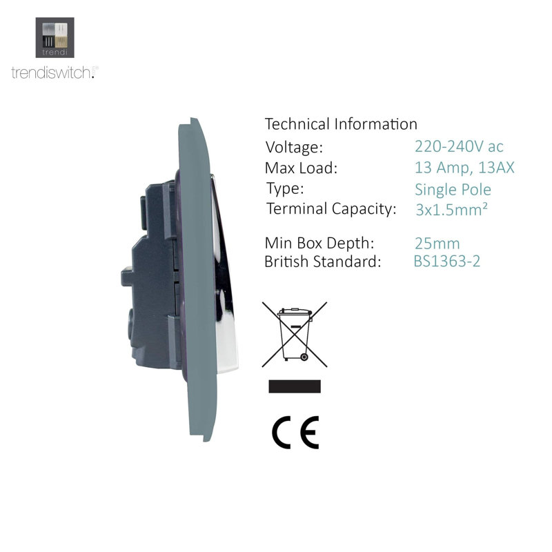 Trendi Switch 1 Gang 13 Amp Switched Plug Socket, Cool Grey