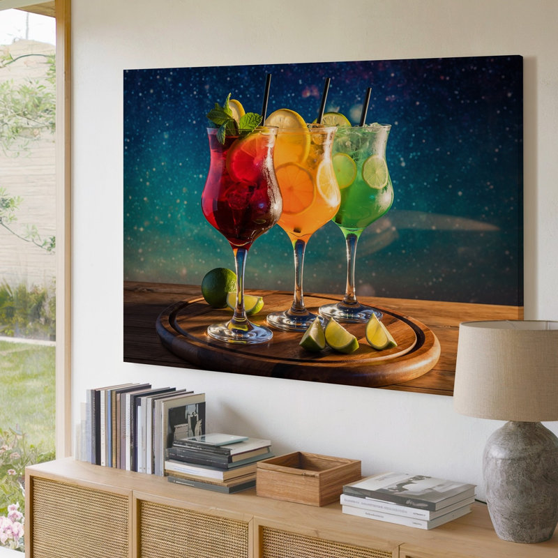 Toile Une présentation vibrante de trois cocktails élégamment conçus repose sur un art mural, H 9 po x l 12 po