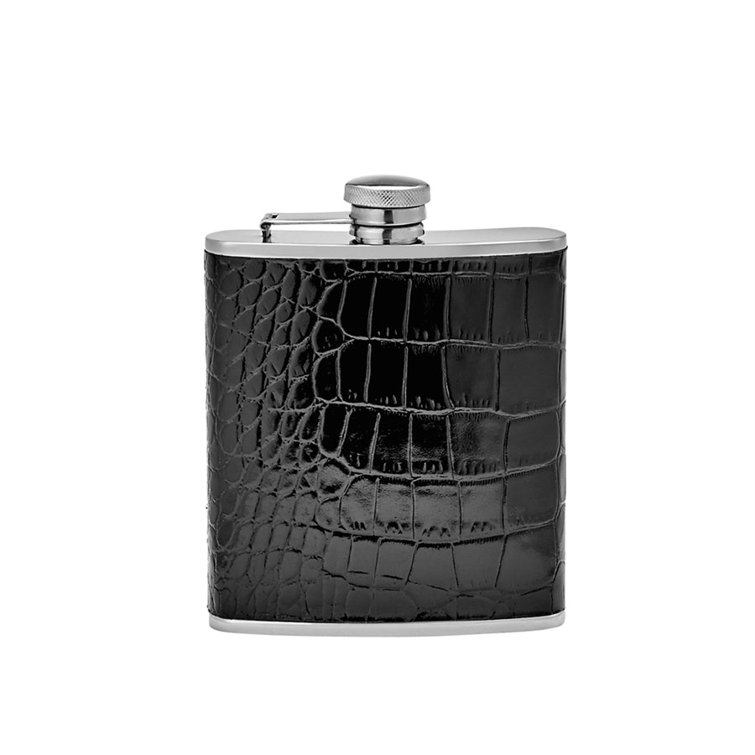 Graphic Image 6 oz Leather Wrapped Flask, Brown Embossed Croc Leather