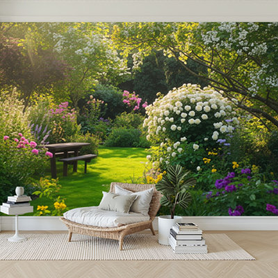 Panneau adhésif pelez et collez l 144 po x H 100 po moderne auto-adhésif pour jardin de chambre à coucher avec fleurs colorées et pelouse verte
