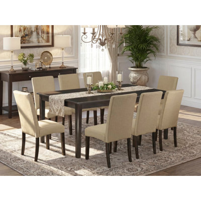 Ensemble de table de salle à manger 9 pièces comprenant une table de cuisine rectangulaire avec piédestal et 8 chaises de salle à manger Parson en tissu brun, cappuccino de 42 po x 72 po